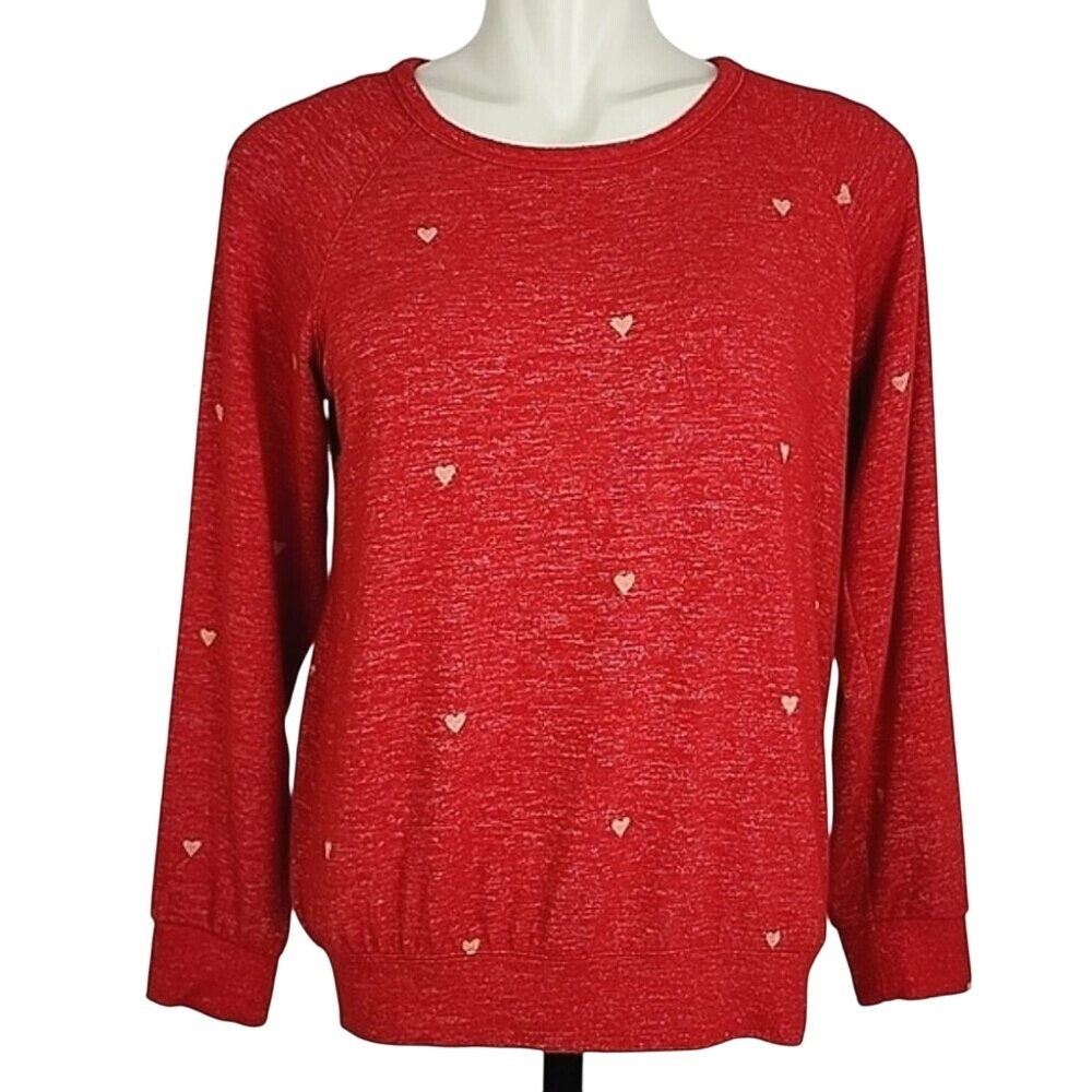 Buffalo David Britton Women's Pullover Red Long Sleeves Beige Hearts Top M